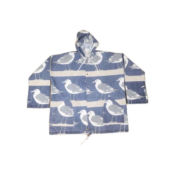 80s Michigan Rag Co Seagull Print Canvas Parka L/XL Marushka Brass Snaps AOP - Picture 1 of 14